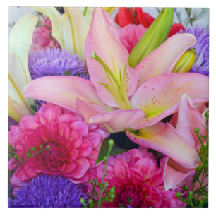 Carreau Lys roses et dahlia imprimé fleur céramique