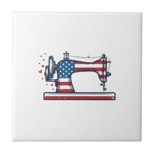 Carreau Machine à coudre patriotique Gravure vintage Vecto