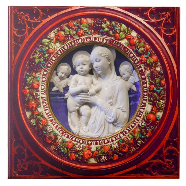 CARREAU MADONNA AVEC ENFANT, ANGES RENAISSANCE FLORALE COU (Devant)