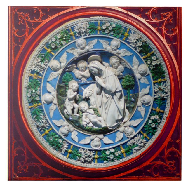 CARREAU MADONNA AVEC ENFANT ET ANGES COURONNE FLORALE (Devant)