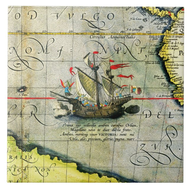 Carreau Magellans navire Victoria, Antique Carte Océan Pac (Devant)
