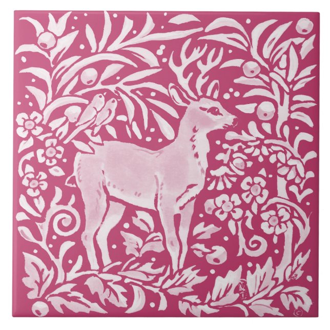Carreau Magenta Deer Bird Animal Nature Forêt Floral (Devant)