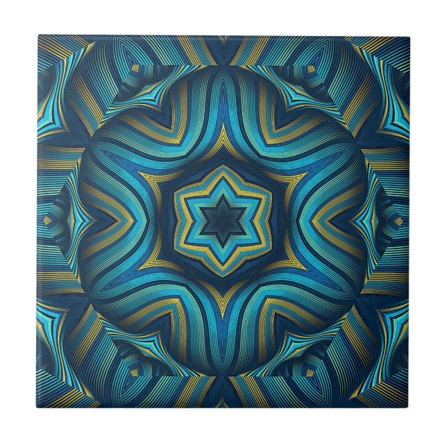 Carreau Magnifique Mandala Art bleu et jaune Abstrait (Devant)