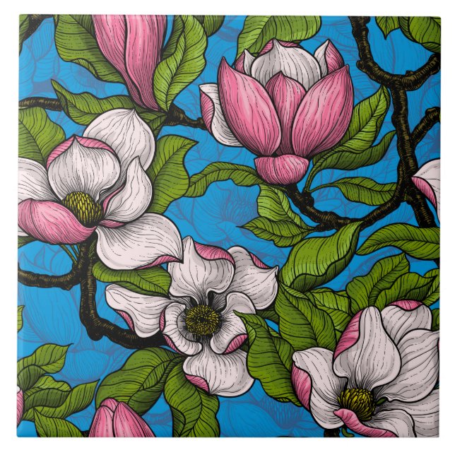 Carreau Magnolia en floraison sur bleu (Devant)