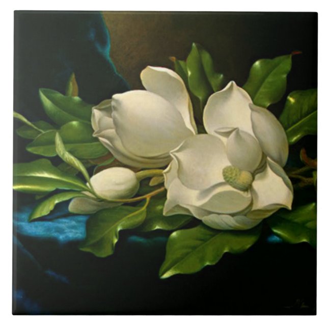 Carreau Magnolia géante sur un tissu de velours bleu (Devant)