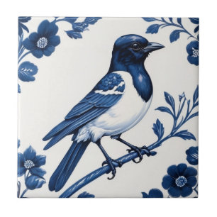 Carreau Magpie comme Oiseau Delft Bleu et Blanc Floral