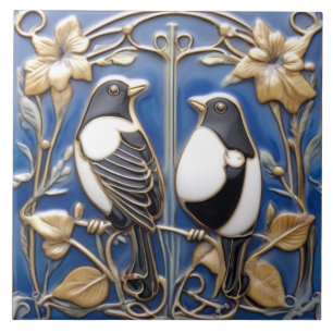 Carreau Magpie noir et blanc Art Nouveau Art Déco Oiseaux