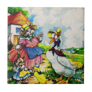 Carreau mama kitty cat et baby kitty visit canards dans le