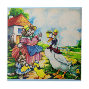Carreau mama kitty cat et baby kitty visit canards dans le