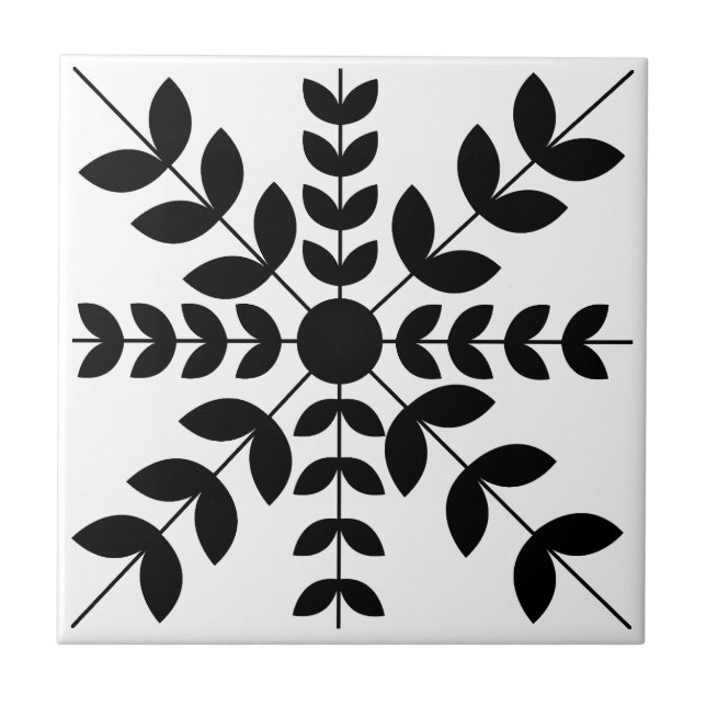 Carreau Mandala Abstrait à motif floral noir et blanc (Devant)