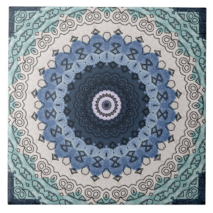 Carreau Mandala bleu et Turquoise avec symétrie géométriqu