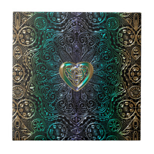 Carreau Mandala celtique de coeur en vert et original d'or