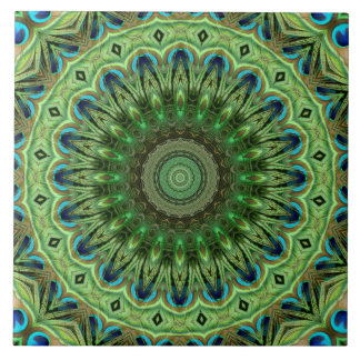 Carreau Mandala de plumes de paon Symétrie émeraude et ble