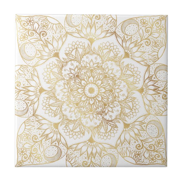 Carreau Mandala floral en or blanc élégant  (Devant)
