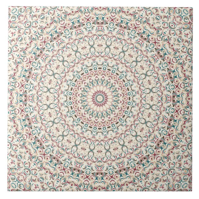 Carreau Mandala Géométrique Intriqué en Turquoise, Rose &  (Devant)