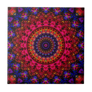 Carreau Mandala kaléidoscope d'ethnie Damas rose et bleu