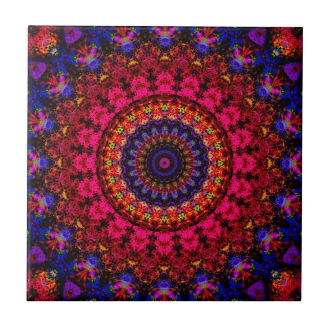Carreau Mandala kaléidoscope d'ethnie Damas rose et bleu (Devant)