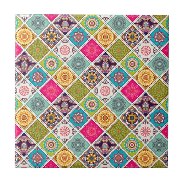 Carreau Mandala marocain motif ethnique coloré (Devant)