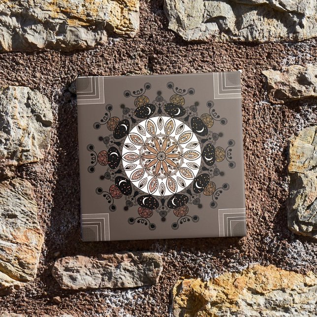 Carreau mandala moderne chic noir blanc brun simple (Créateur téléchargé)