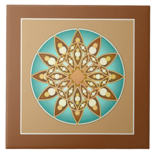 Carreau Mandala motif au bronzage, crème et turquoise