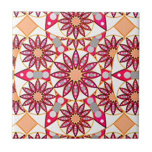 Carreau Mandala motif, corail, pêche, blanc et gris