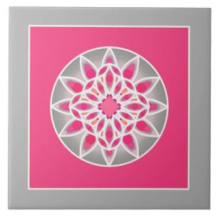 Carreau Mandala Motif en Fuchsia rose, gris et blanc