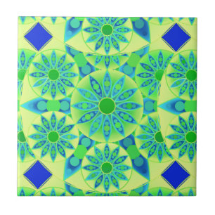 Carreau Mandala motif, turquoise, bleu, vert citron