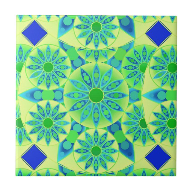 Carreau Mandala motif, turquoise, bleu, vert citron (Devant)