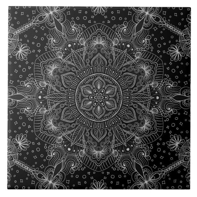 Carreau Mandala oriental de zen noir et blanc (Devant)