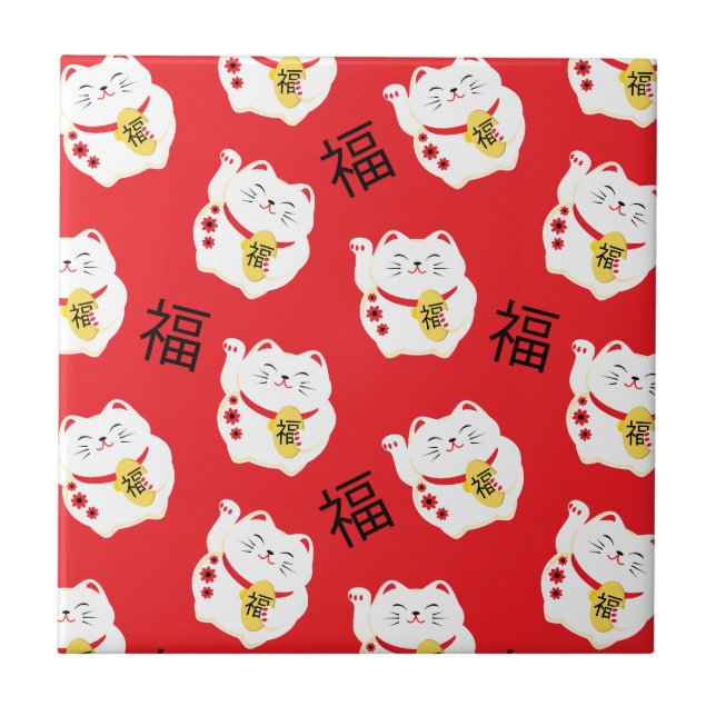 Carreau Maneki Neko Cute Lucky Chat Rouge et Blanc (Devant)