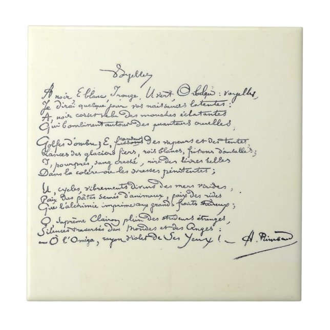 Carreau manuscrit autographe de Voyelles (Rimbaud) Céramiq (Devant)