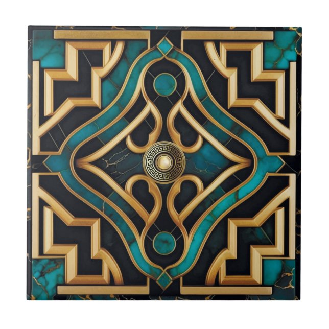 Carreau Marbre Art Déco Mer grecque Vert Or Mandala (Devant)