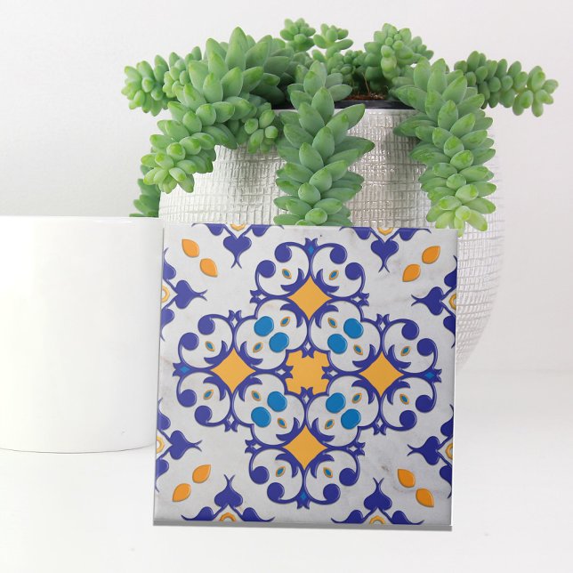 Carreau Marbre blanc bleu orange Motifs portugais (Créateur téléchargé)