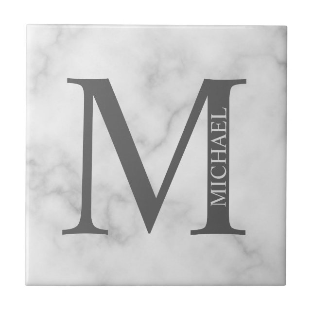 Carreau Marbre blanc Monogramme personnalisé et nom (Devant)