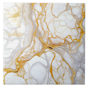 Carreau Marbre Blanc Or Et Encre D'Alcool Abstrait