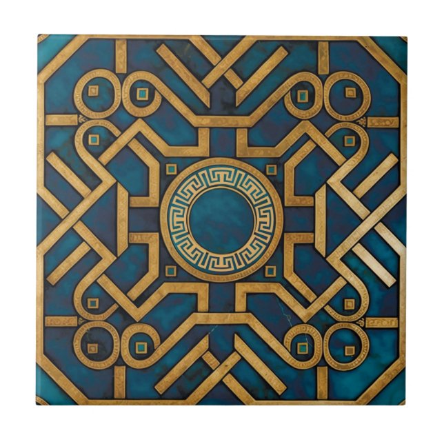 Carreau Marbre de luxe Art Déco Bleu Or Clé grecque (Devant)