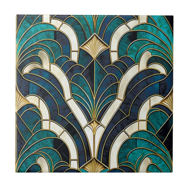 Carreau Marbre de luxe Mosaïque Art Déco Bleu Or & Turquoi (Devant)