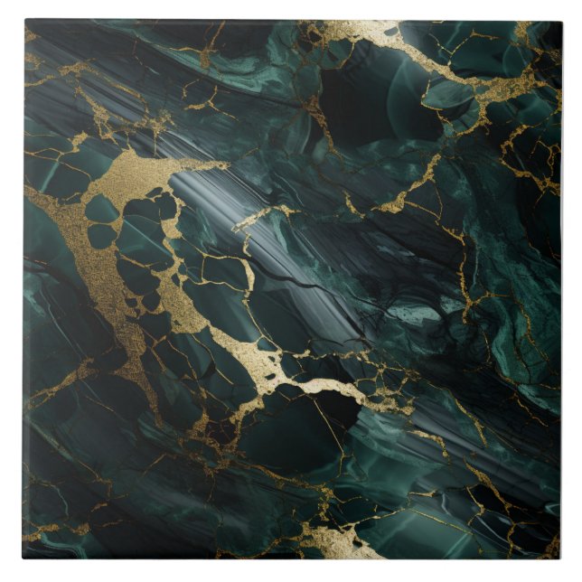 Carreau Marbre d'émeraude, Aquamarine foncée, Gold Detail (Devant)