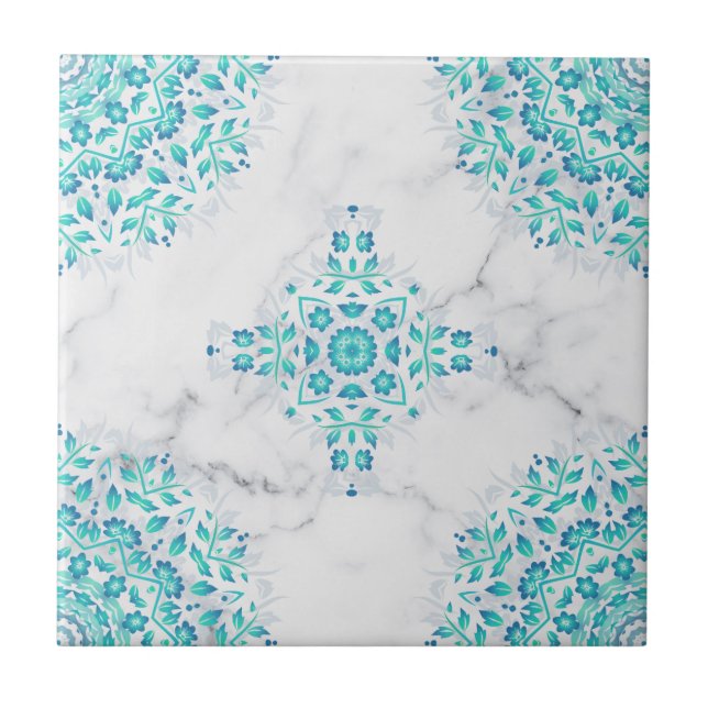 Carreau Marbre gris turquoise Floral géométrique (Devant)