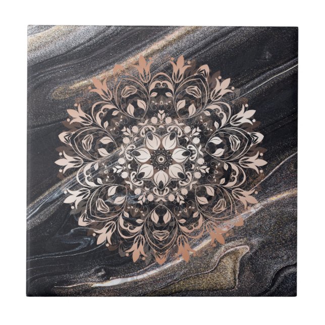 Carreau Marbre noir rose en or Marbre Floral Mandala  (Devant)