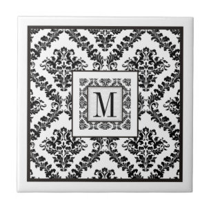 Carreau Mariage monogramme noir, blanc damassé