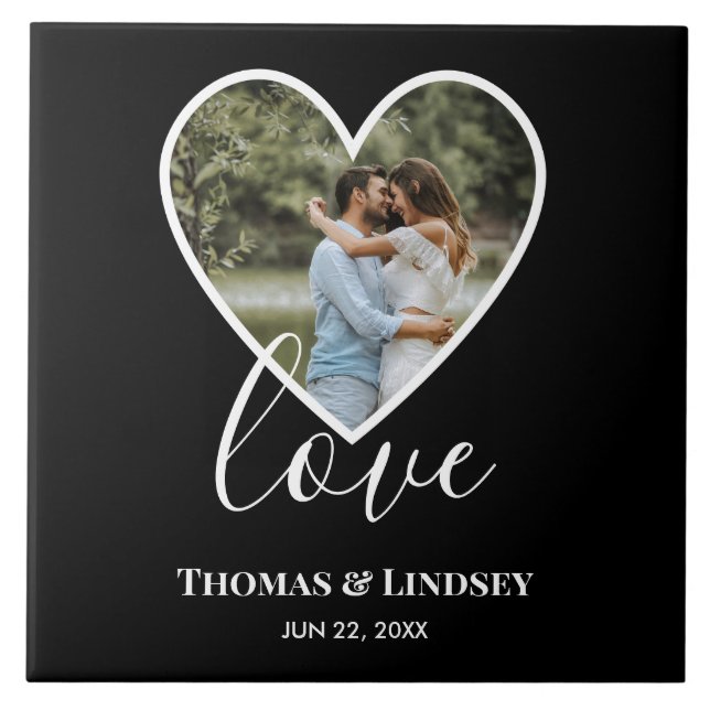 Carreau Mariage Photo Black Heart Frame Moderne Calligraph (Devant)