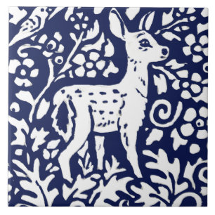 Carreau Marine Bleu Blanc Cerf Faune Bois Animal Trivet