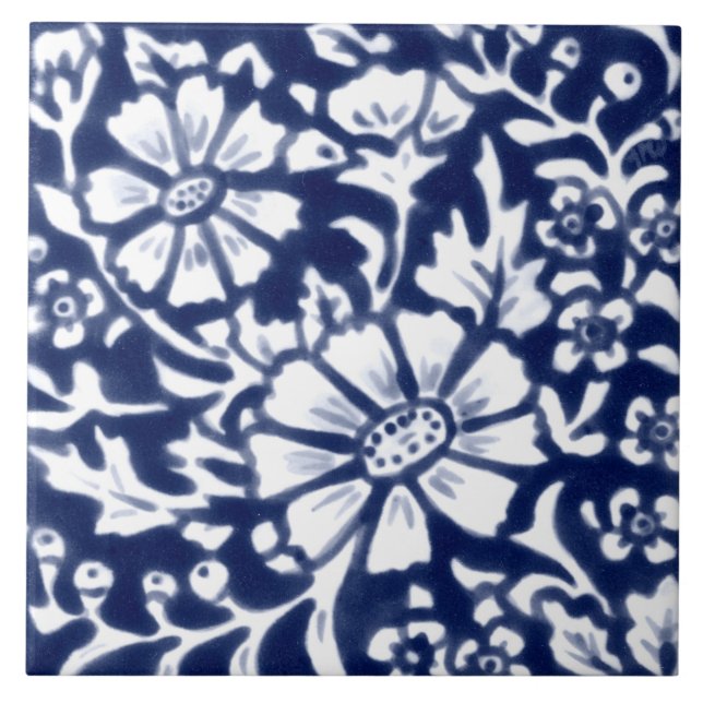 Carreau Marine Bleu Blanc Floral Daisy Leaf Chinoiserie (Devant)