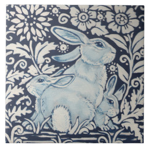 Carreau Marine Bleu Blanc maman et bébé lapin Printemps Fl