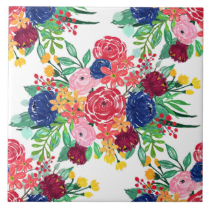Carreau Marine bleu et rouge aquarelle boho chic Fleurs