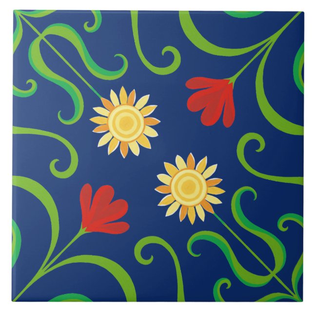 Carreau Marine Bleu Floral Damas Tournesol Fleur de soleil (Devant)