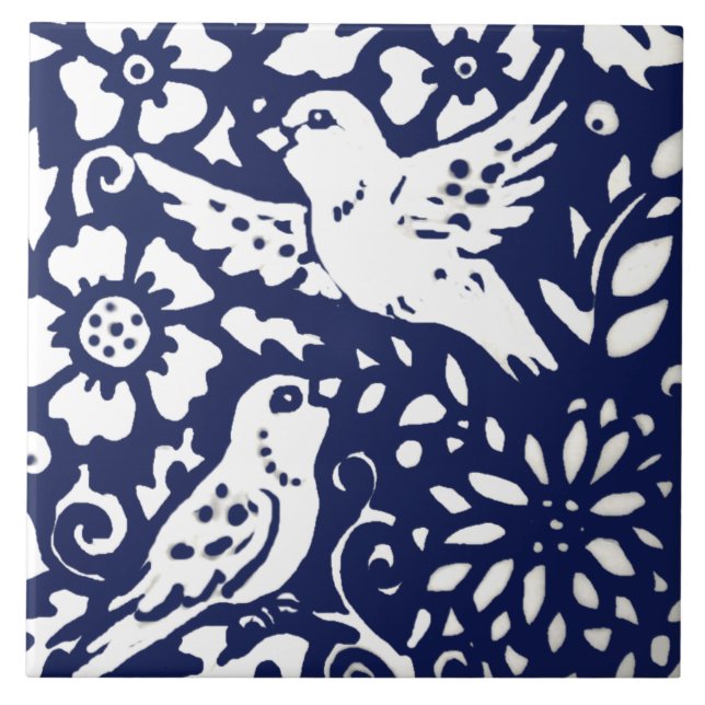 Carreau Marine Bleu Oiseau Floral Forêt animal Trivet (Devant)