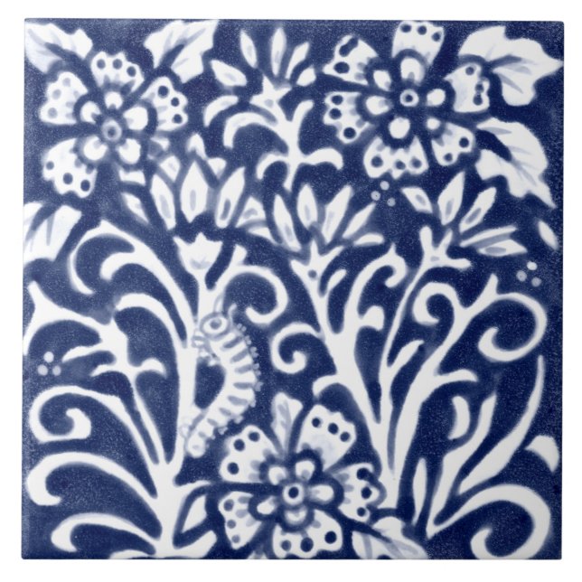 Carreau Marine Blue White Caterpillar sur Flower Floral De (Devant)