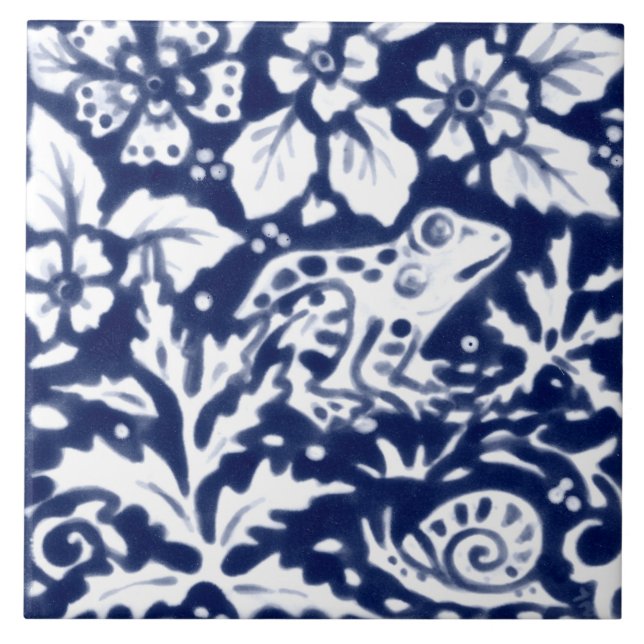 Carreau Marine Blue White Frog Snail Ferme Feuille Cobalt  (Devant)